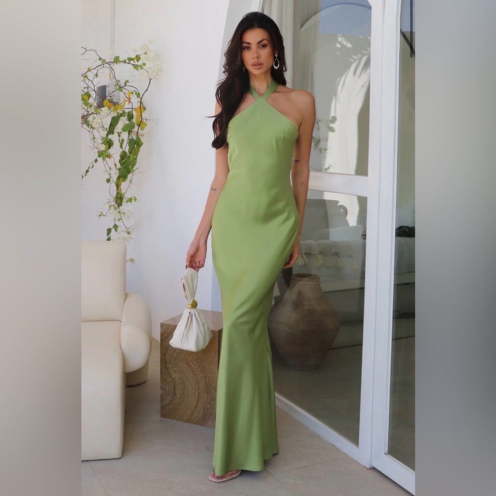 REVOLVE Runaway the Label Chara Green Satin Maxi Dress Gown